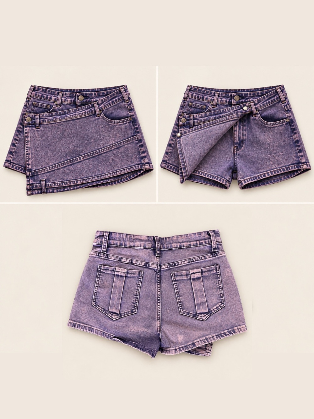 Purple Acid Wash Stretch Denim Wrap Skort / Shorts